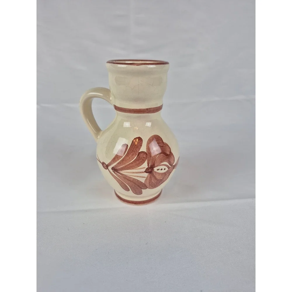 Vintage Hand Painted Ceramic Folk Art Pitcher Small Creamer Bud Vase‎ Terracotta